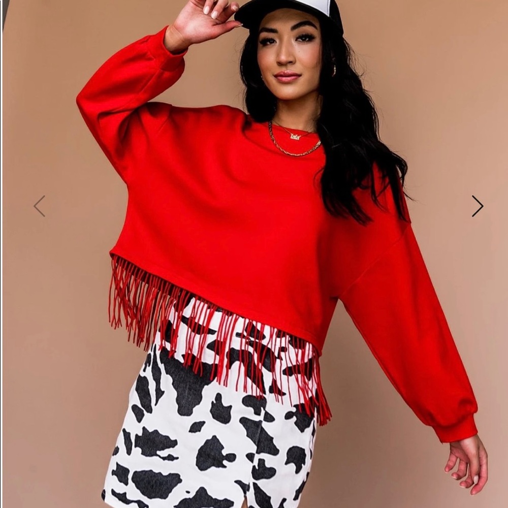 Bright‎ Red Fringe Crop Pullover